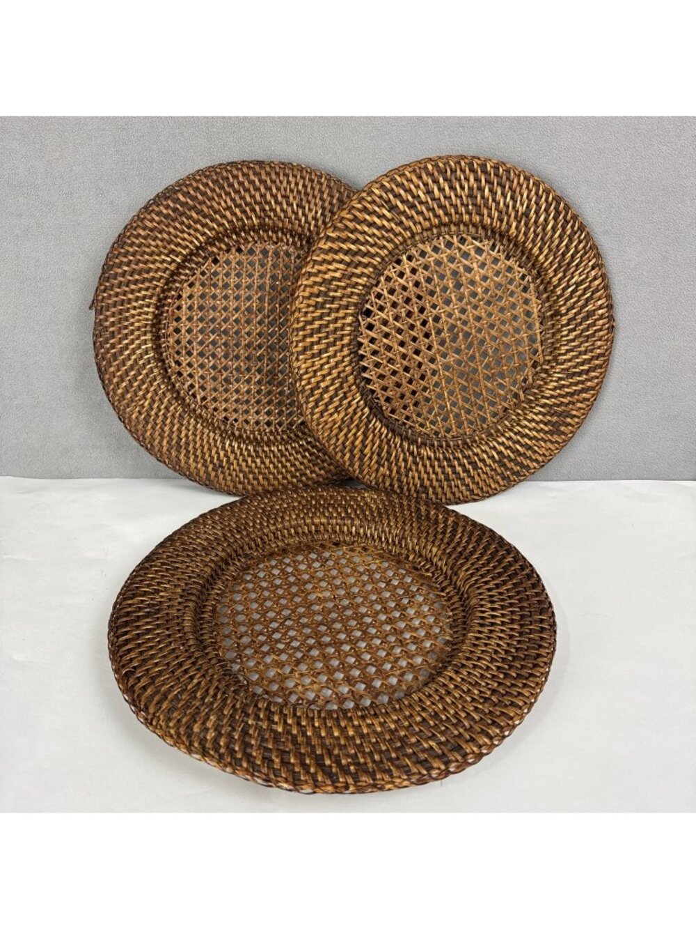 Vtg Wicker Rattan 14" Charger Plates Set of 3 wall decor woven boho farmhouse